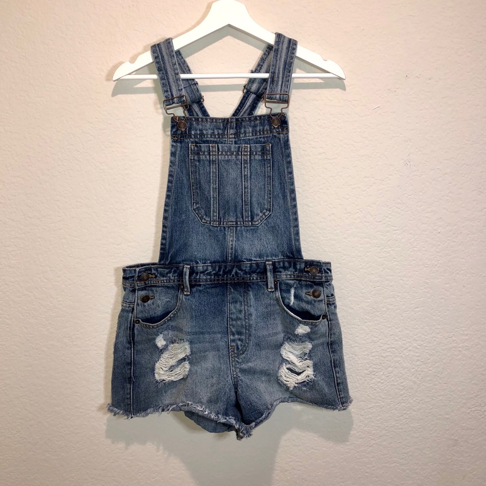 Forever 21 Ripped Acid-Wash Denim Overall Shorts